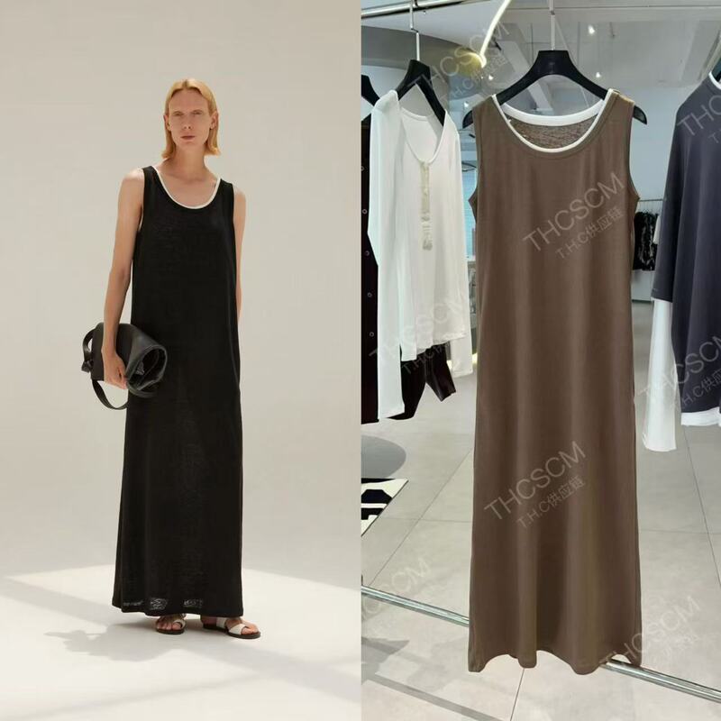 Yuran 26 Early Spring New Model Jo Air Cotton Linen Faux Two-Piece Large U-Neck Tank Top Straight Dress Long Skirt