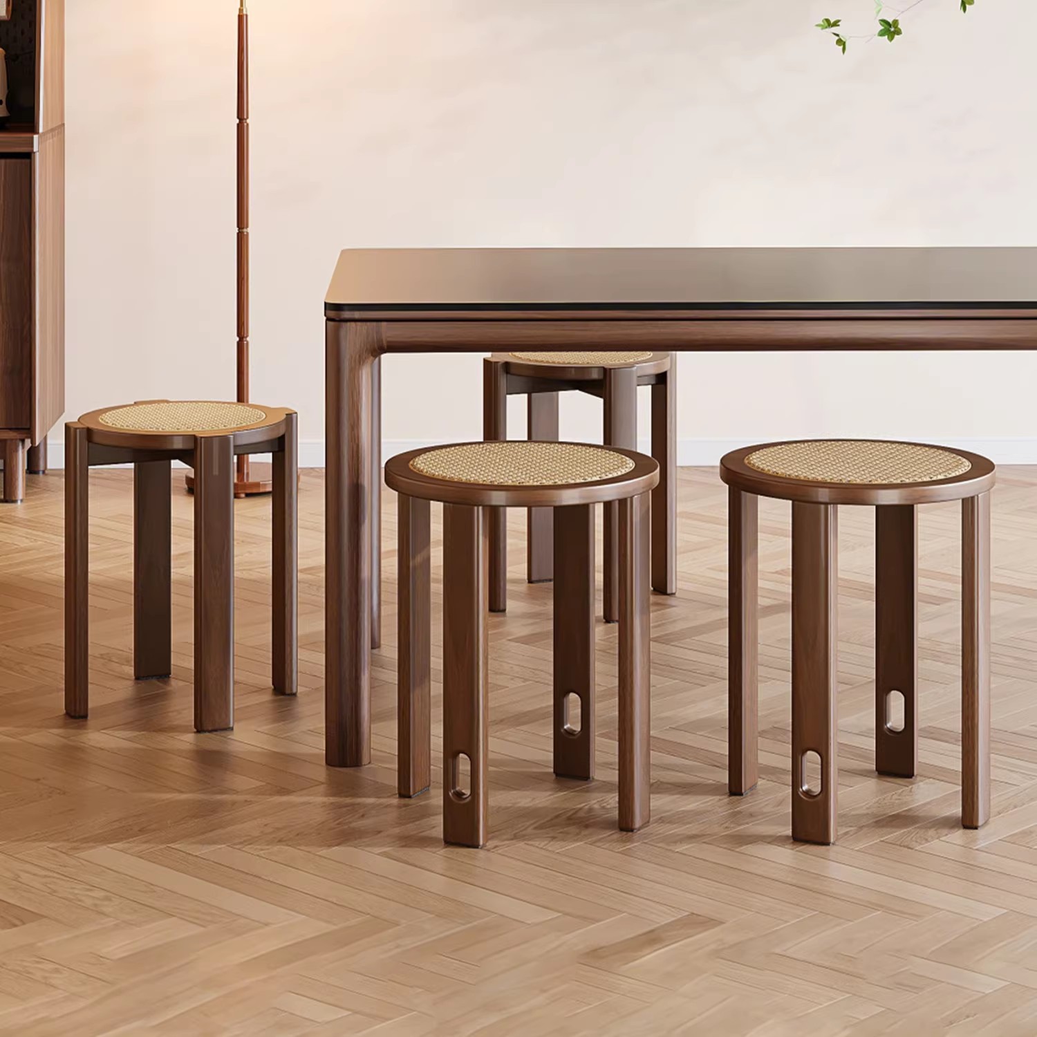Taburete de madera maciza estilo medieval, taburete plegable de caña, taburete combinado de mesa de comedor, taburete de repuesto, taburete redondo para el hogar, taburete apilado image 1