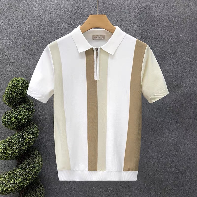 Polo camiseta camiseta de punto camiseta de manga corta camiseta de hombre a rayas solapa medio cremallera vieja fábrica de hielo de verano transfronteriza mayorista
