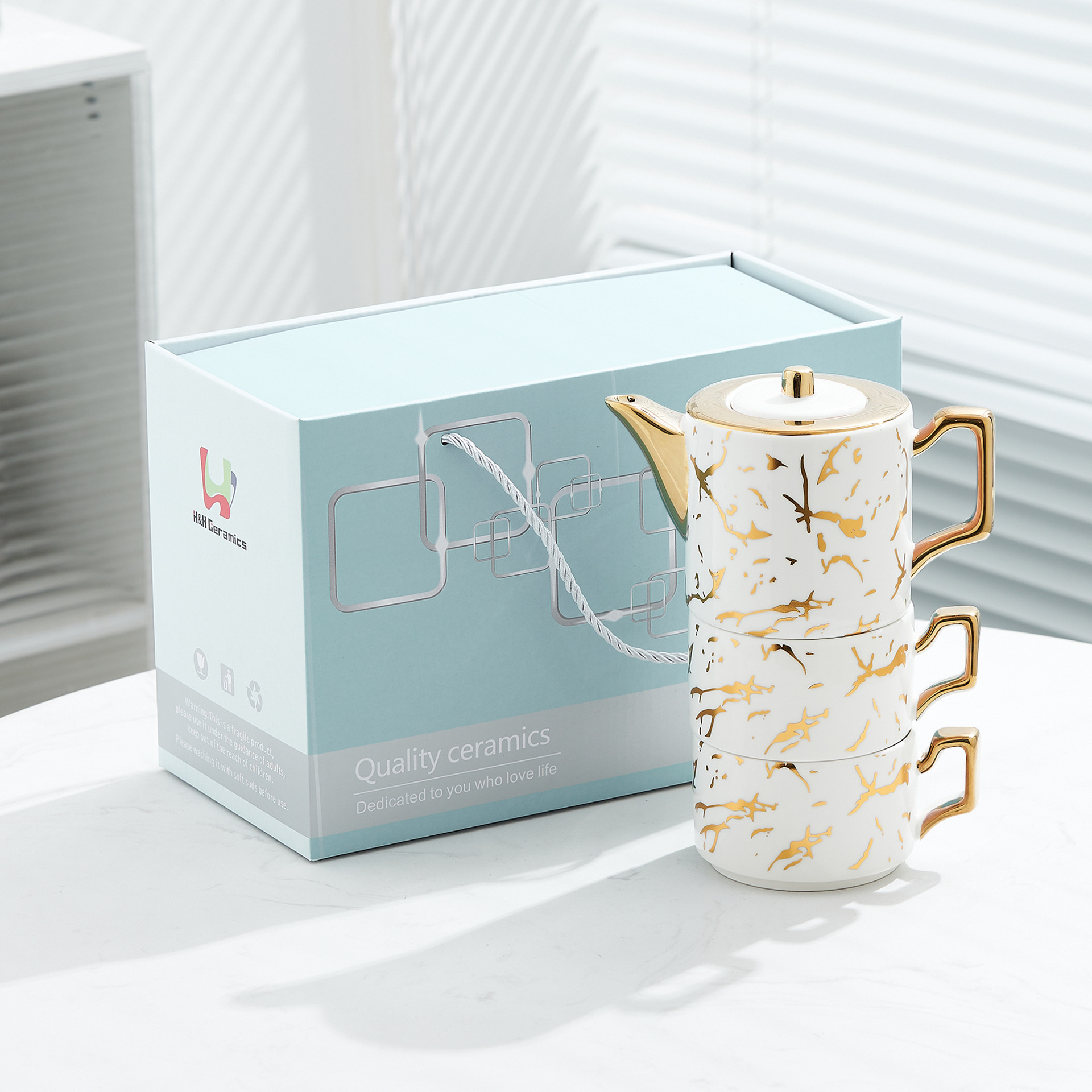 Oro marbling flor juego de té Nordic ins juego de té traje Luz de lujo tarde juego de té caja de regalo embalaje