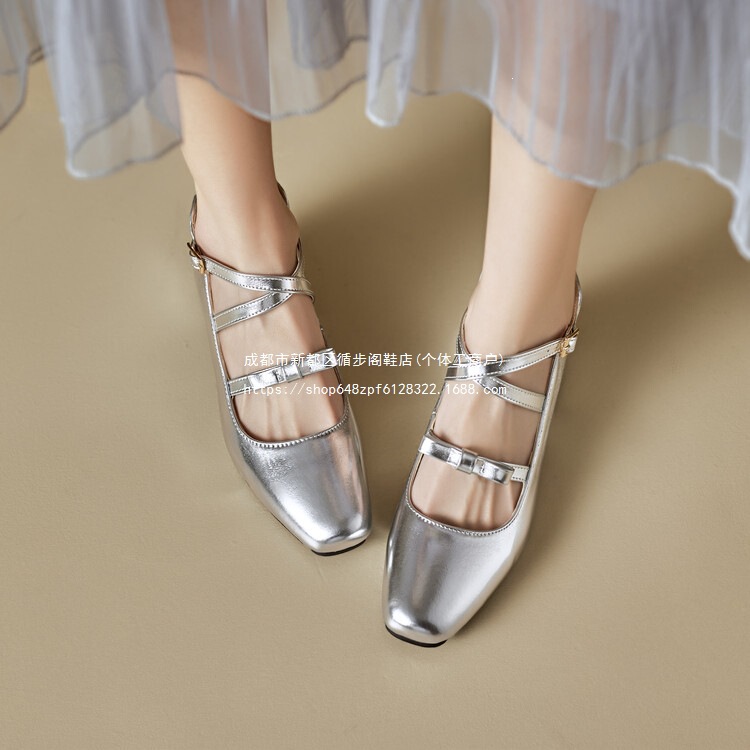 Fashion 2026 New Style Black White Gold Silver Round-Toe Leather Shoes with Chunky Heels and Bowknot for Women with Buckle Strap Fashion 2026 New Style Black White Gold Silver Round-Toe Leather Shoes with Chunky Heels and Bowknot for Women with Buckle Strap