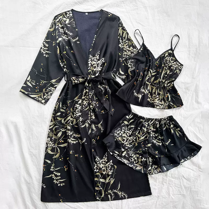 丹尼林缎面睡袍春夏季薄款印花家居服外袍时尚休闲轻奢风睡衣女