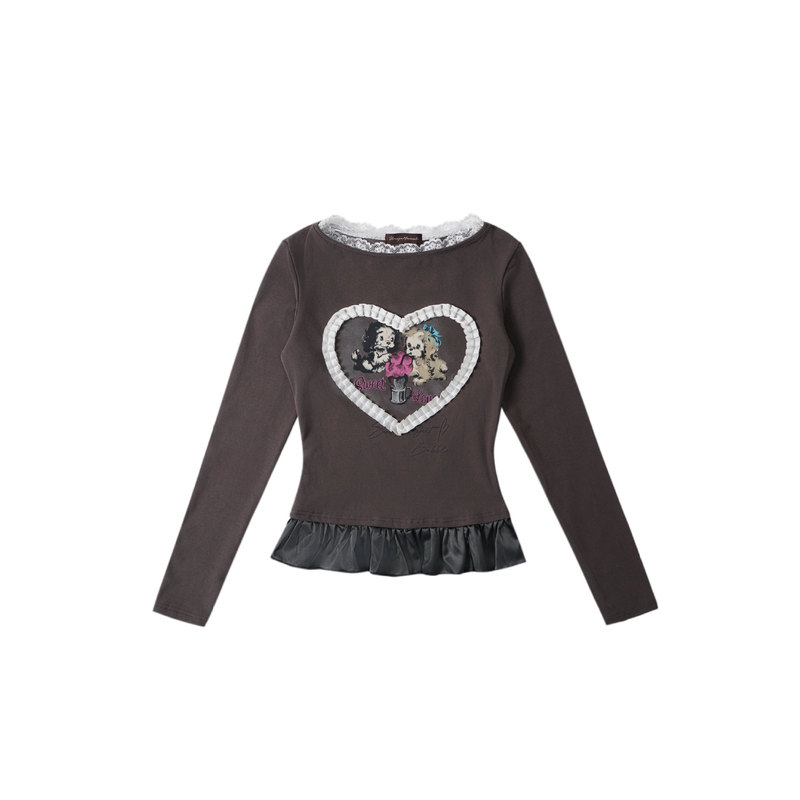 Millennial-style lace-trimmed round-neck long-sleeve T-shirt with heart cartoon print, ruffled hem, stretchy slim-fit niche top Millennial-style lace-trimmed round-neck long-sleeve T-shirt with heart cartoon print, ruffled hem, stretchy slim-fit niche top