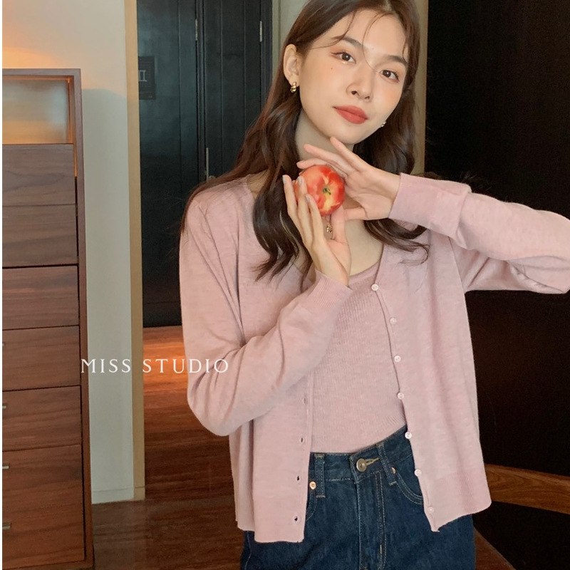 Korean Style Knitted Cardigan with Strap Top Women's Autumn and Winter 2024 Gentle Style Wear Yujie Two-piece Set