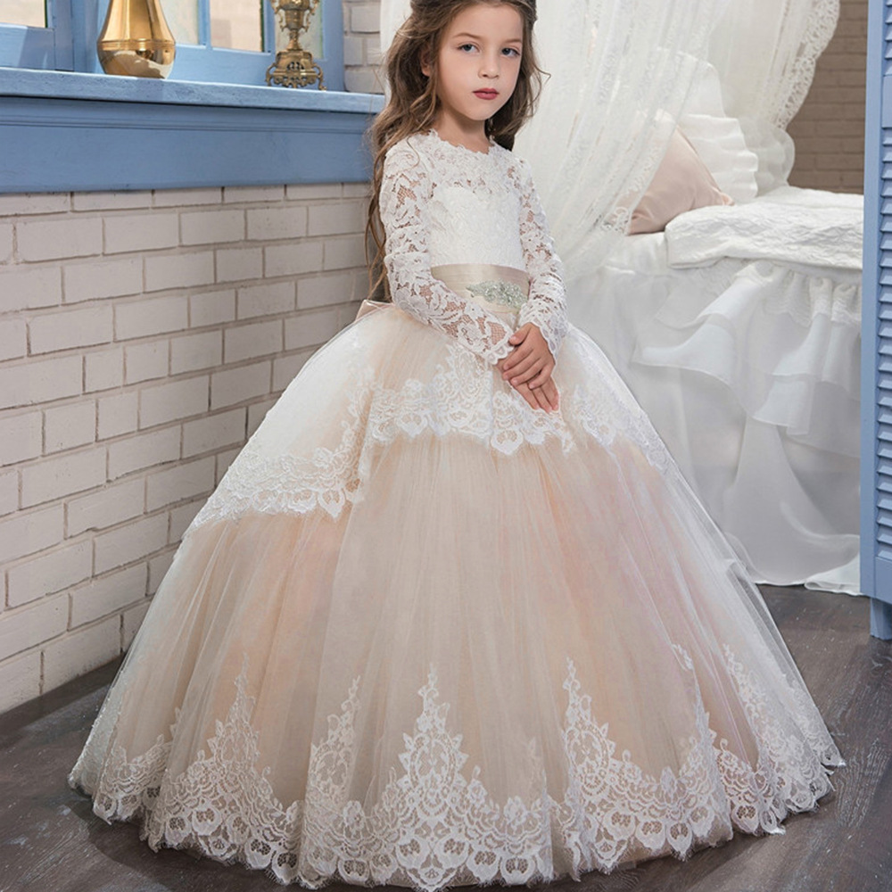 Comercio exterior transfronterizo nuevo encaje doble manga larga invierno bola flor chica pettiskirt vestido de novia entrega de una sola pieza