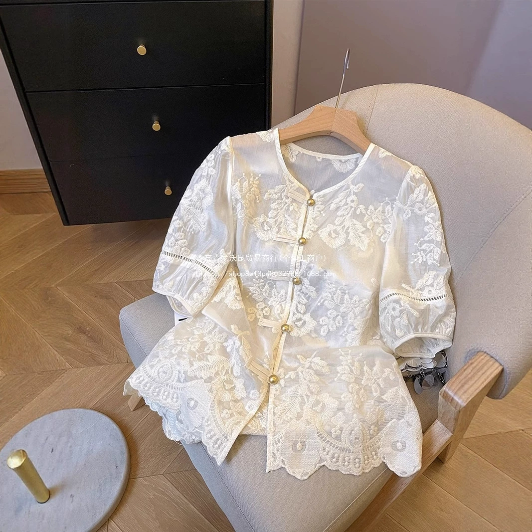 Женская рубашка с коротким рукавом из кружева в ретро-китайском стиле, лето 2025, новый стиль, элегантный, на пуговицах