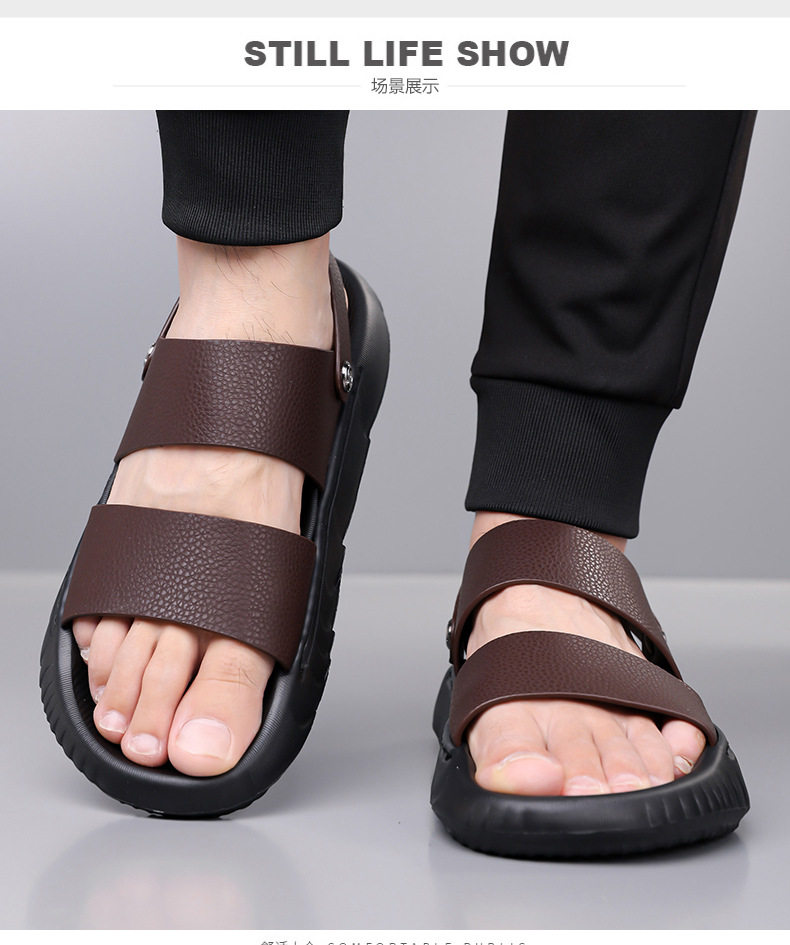 Dép lê nam da bò lớp trên cùng, đế dày, mặt mềm, kiểu sandal đi biển — GA06 màu đen, Màu nâu GA06 chi tiết 11