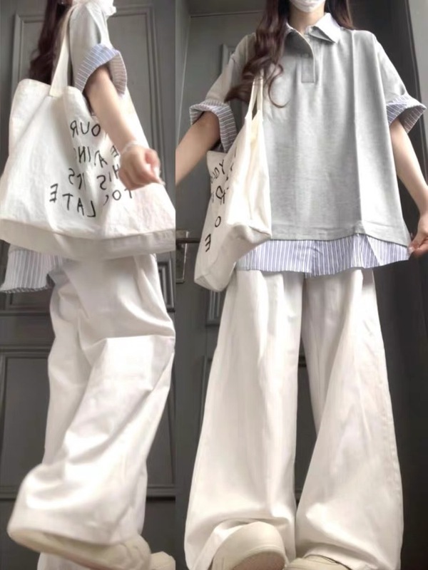 美式复古假两件拼接翻领短袖t恤女夏2025新款宽松减龄百搭上衣ins|undefined