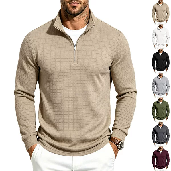 European and American Amazon Men's Jacquard Checkered Casual Commuting Heavyweight Stand Collar Long Sleeve Zipper Sweatshirt