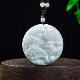 天然缅甸a货翡翠山水牌糯种玉石吊坠挂件玉佩男女款四会玉坠项链