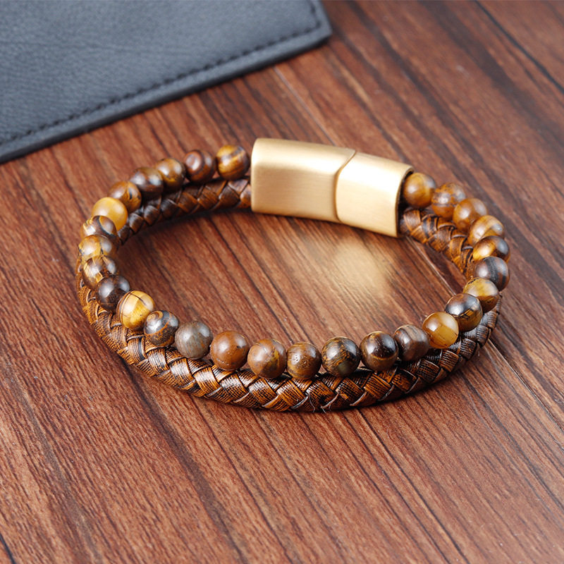 316L Stainless Steel , Pu Leather Material Vintage Style 316L Stainless Steel  Pu Leather Geometric Woven Chain Men Cord & Leather Bracelets