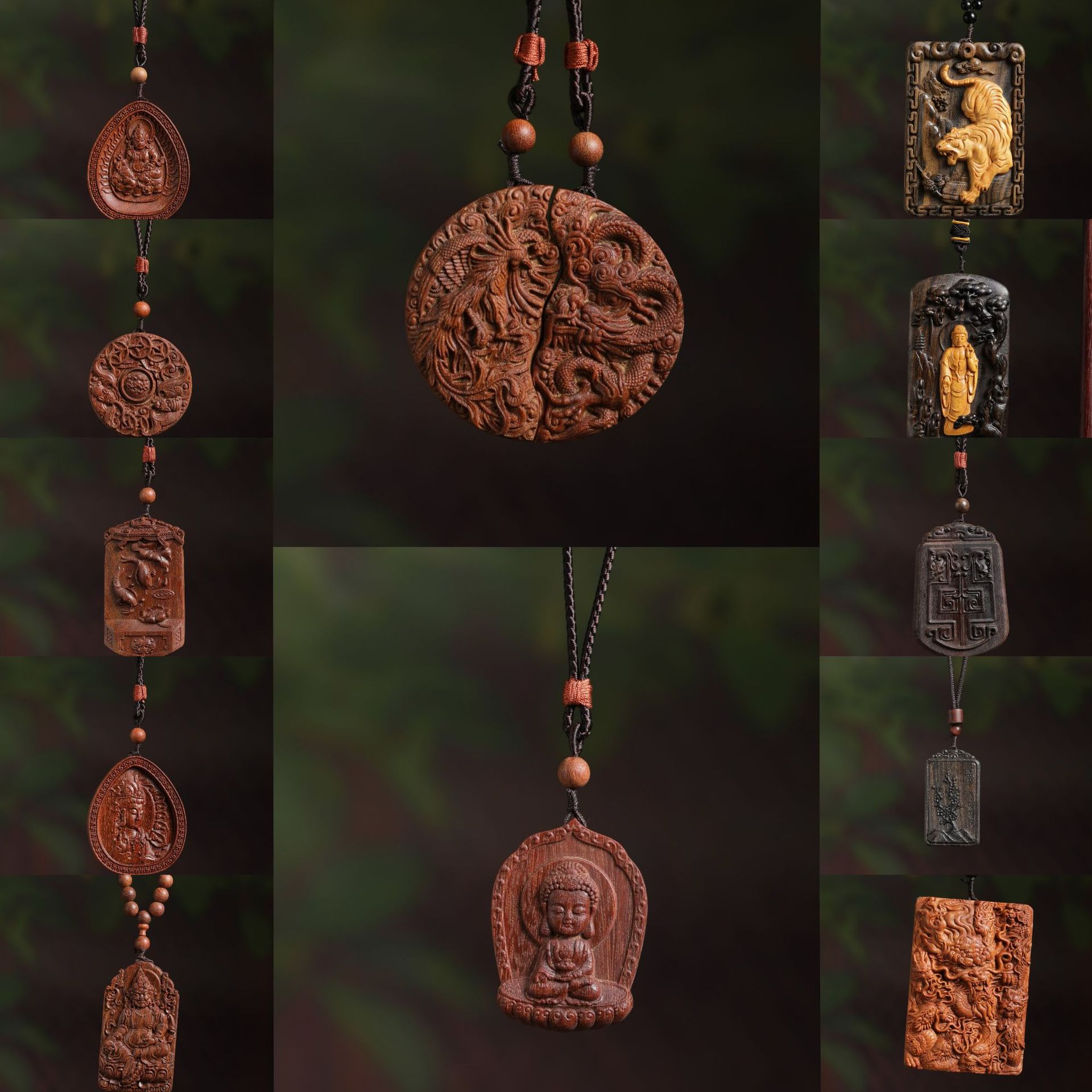 沉香木牌吊坠双面雕千手观音宝宝佛山水画车载挂件无事牌工艺品