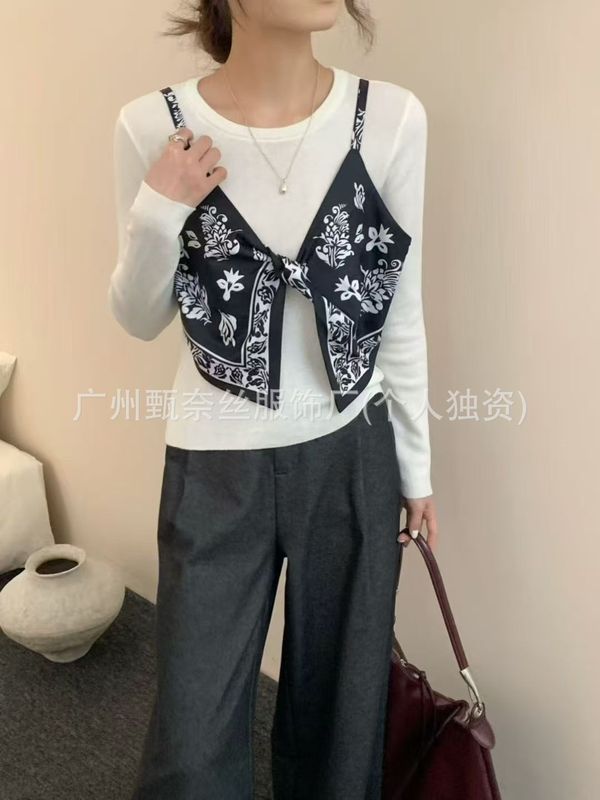 复古丝巾吊带假两件拼接针织长袖2025早秋季新款新款遮肚显瘦上衣|undefined