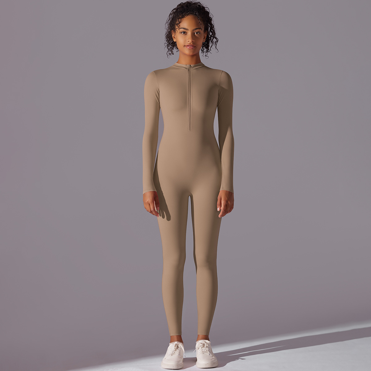 Transfronterizo europeo y americano color sólido alto elástico medio abierto cremallera apretado largo jumpsuit deportes corriendo fitness manga larga ropa de yoga