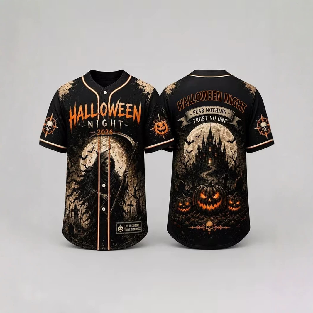 2026 Men's Halloween Trendy Autumn Street Style Pumpkin Skull Ghost Castle Bat Print Baseball Jacket Direct Sale