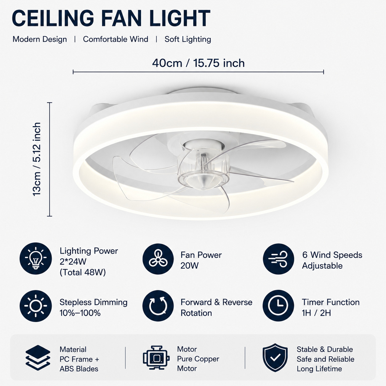 Ventilador de Techo con Luz de Acrílico y ABS, Control Remoto, Control por App, para Dormitorio y Comedor