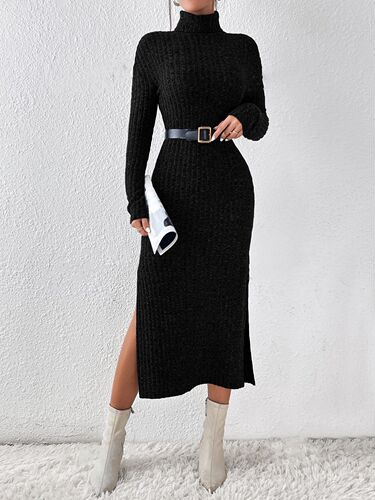 Autumn and winter new mid-length sweater dress—inner-layer black knitted bottoming dress with a semi-high neck, women's European and American style.