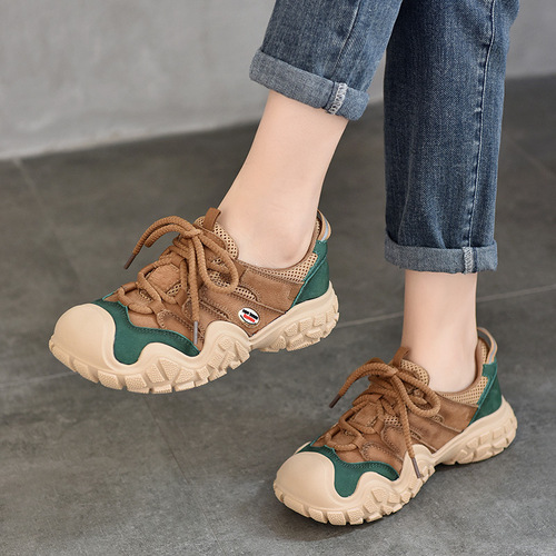 Genuine Leather Sports Mesh Shoes for Women, Low-Top Lace-Up Casual All-Match Cowhide Shoes, 2024 Spring/Summer New Arrival Thick-Soled Shoes