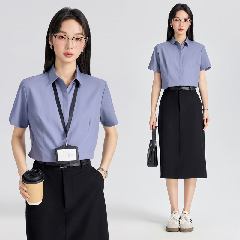 Professional Women's Long-Sleeve Office Shirt with Hidden Placket, Light Blue Shirt, Suitable for Jewelry Stores, Shopping Malls, Teachers, Property Management Workwear, Summer