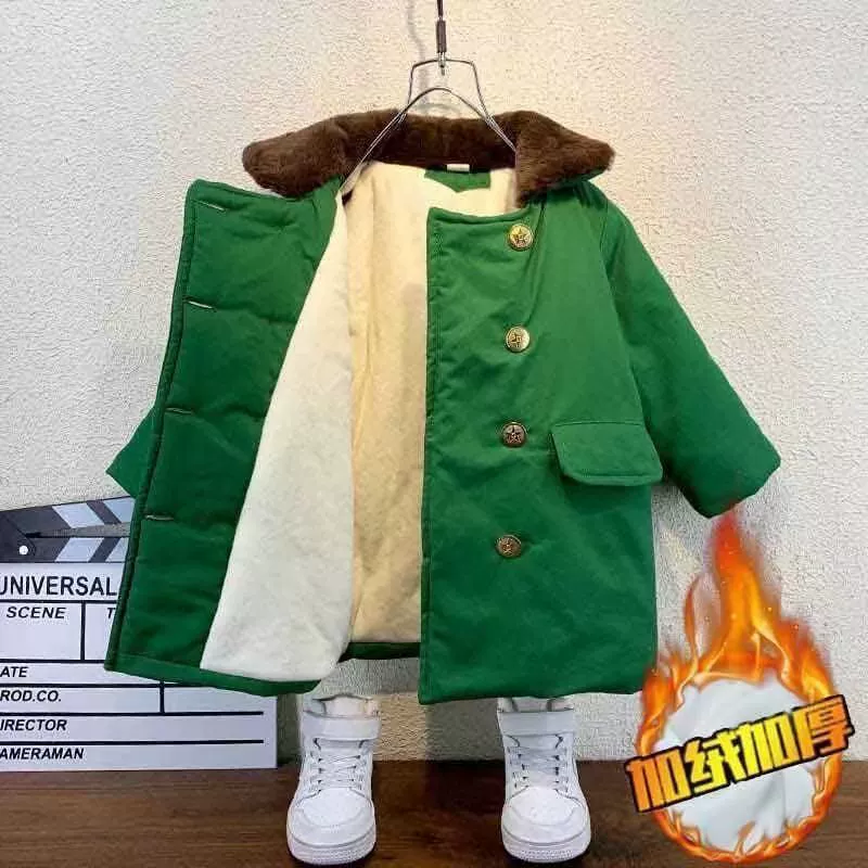 Детское армейское хлопковое пальто, хлопковое и утолщенное пальто для мальчиков средней длины, северо-восточное армейское зеленое хлопковое пальто на флисовой подкладке, зимнее детское