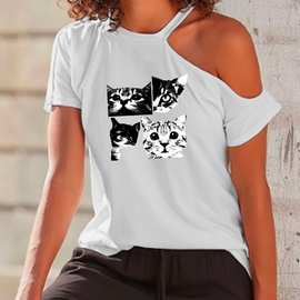 欧美跨境新款春夏季时尚潮流写真猫咪图案女士露肩T恤