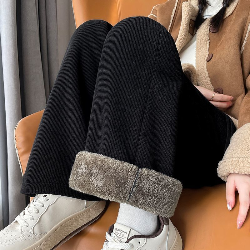 Pantaloni in pelle di agnello da donna, più velluto e ispessimento, nuovi pantaloni casual dritti, vita sottile, pantaloni a gamba larga, tutti abbinati_voghion.com