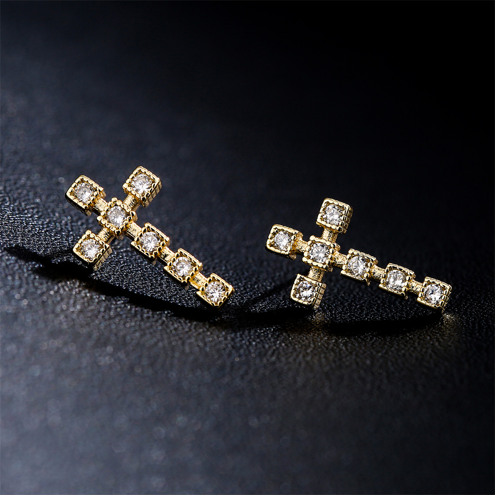 Fashion copper 18K gold three-dimensional cross zircon earrings female new stud