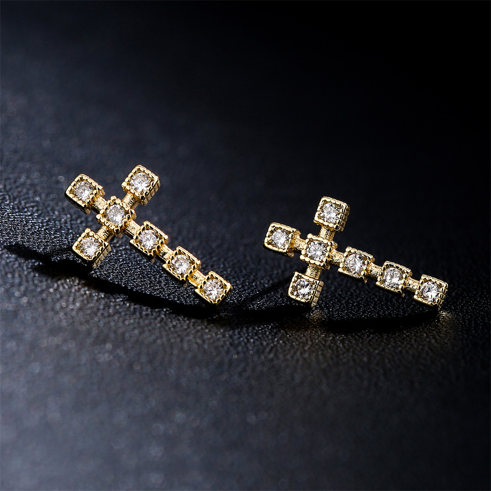 Fashion copper 18K gold threedimensional cross zircon earrings female new studpicture3