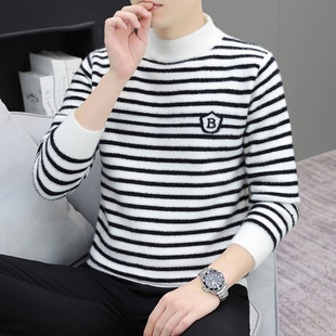 One-piece delivery sweater 98033 youth autumn and winter trendy Crystal mink horizontal striped B- shaped mid-collar bottoming shirt for men