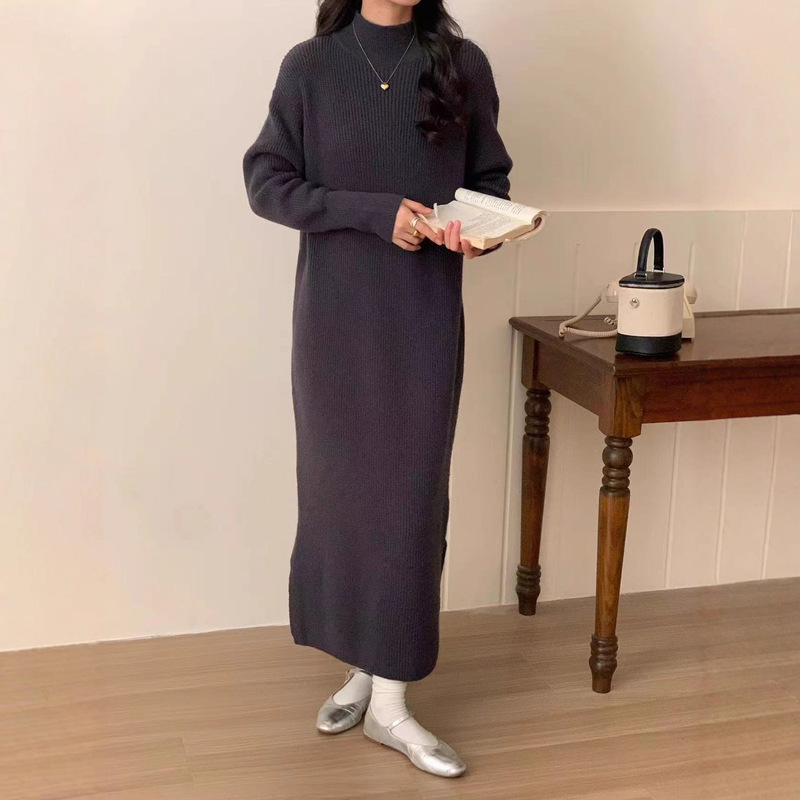 韩系简约半高领针织连衣裙女士秋冬新款加厚宽松慵懒打底毛衣长裙|undefined