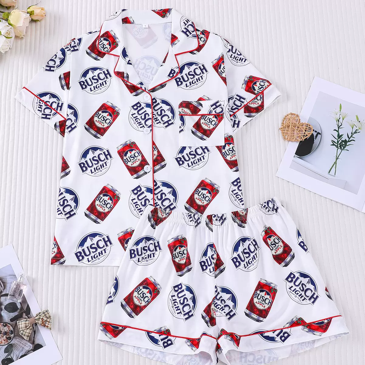 跨境新款欧美风饮料印花家居服套装开衫翻领短袖短裤睡衣女批发