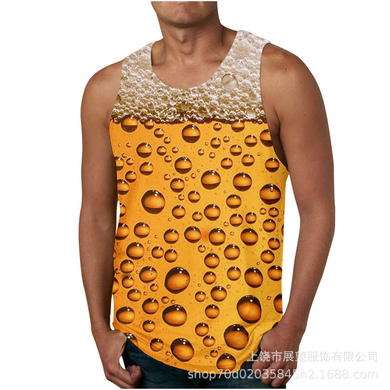 Cross-border new 3D digital printing men's vest beer foam sports crew neck T-shirt trend inside