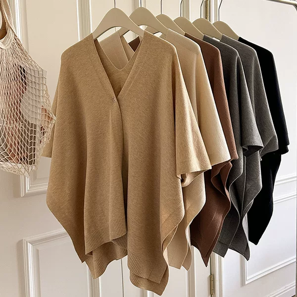 New solid color knitted shawl for women, thin summer outerwear, versatile for air-conditioned rooms, buttoned cardigan, high-end cape