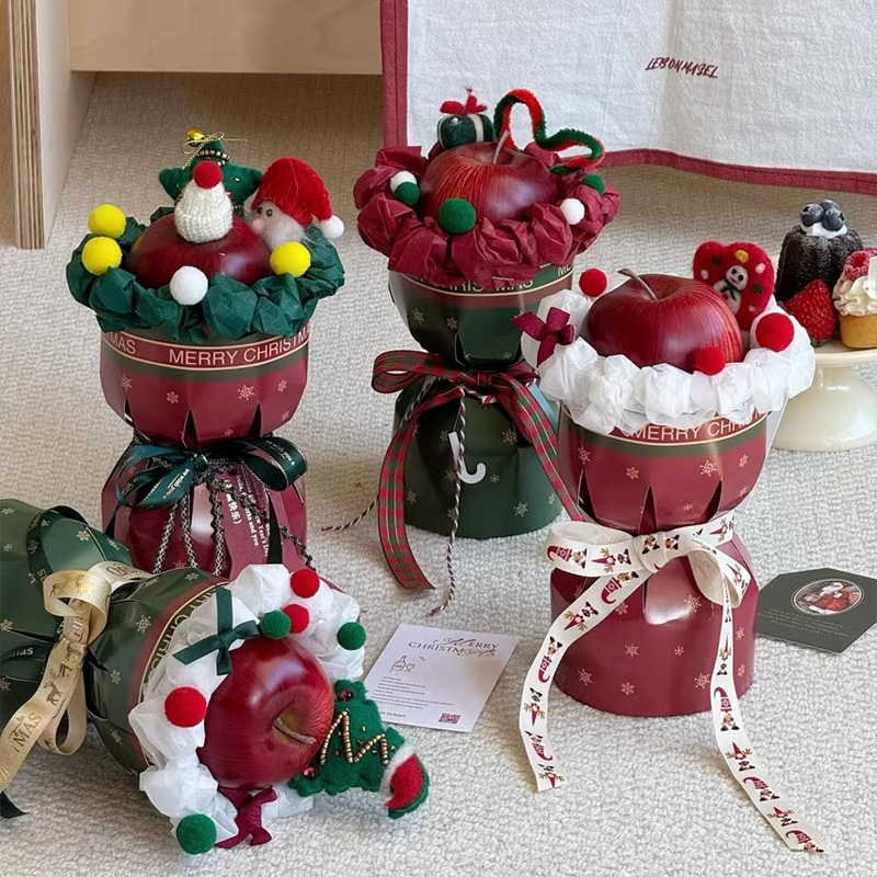 新款圣诞节苹果花束一体定型片平安果包装纸diy花店包花定型片