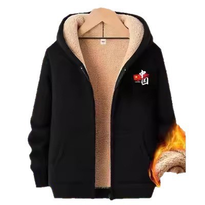Shirt con cremallera para hombres 2025 otoño y invierno nuevo engrosado de lana de cordero suelta chaqueta con capuchón comercio exterior transfronterizo