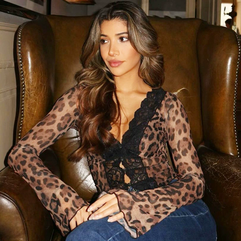 Европейская и американская популярная женская одежда 2025 года, летняя новая мода с принтом, сексуальный сетчатый кружевной кардиган, футболка, экспортная оптовая продажа