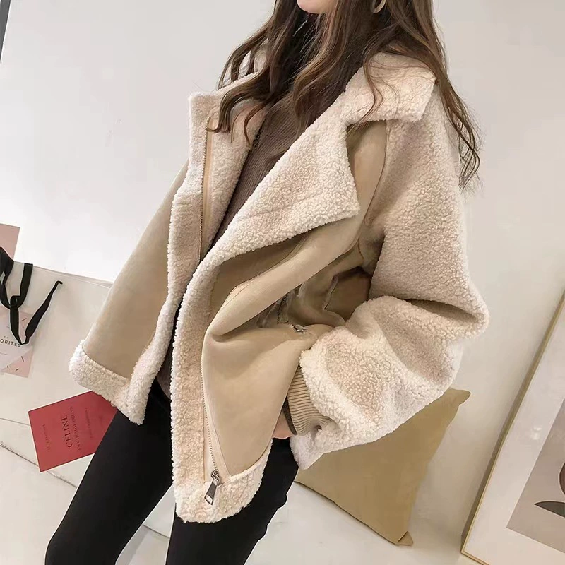 Short Velvet Down Jacket, Women's Loose Fit, Sherpa-Lined, S–XL (Apricot/Khaki)