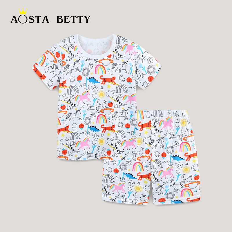 Paquete de mangas cortas para niños de estilo europeo y americano 25 nuevos juegos de ropa doméstica de niñas de verano de dos piezas de cuello redondo suministro transfronterizo de ocio