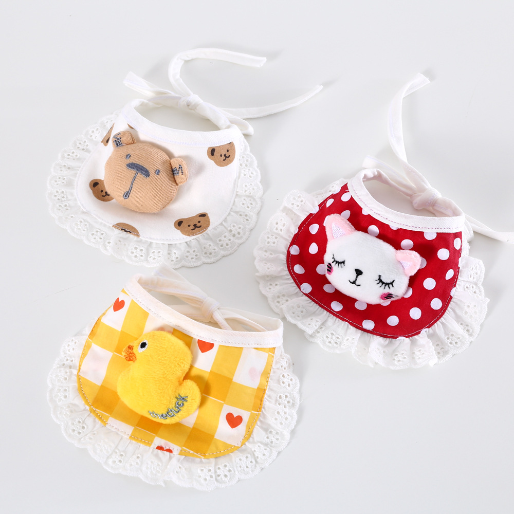 Mascota gato cachorro de dibujos animados Polka Dot Plaid encaje oso pequeño pato amarillo babero puro algodón lindo babero collar conejo