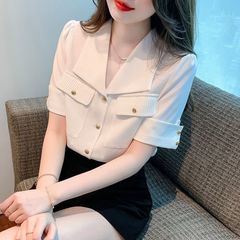 フレンチラペル半袖シフォンシャツ女性のための夏の2025新しいプロフェッショナル通勤トップハイエンドデザインシャツ