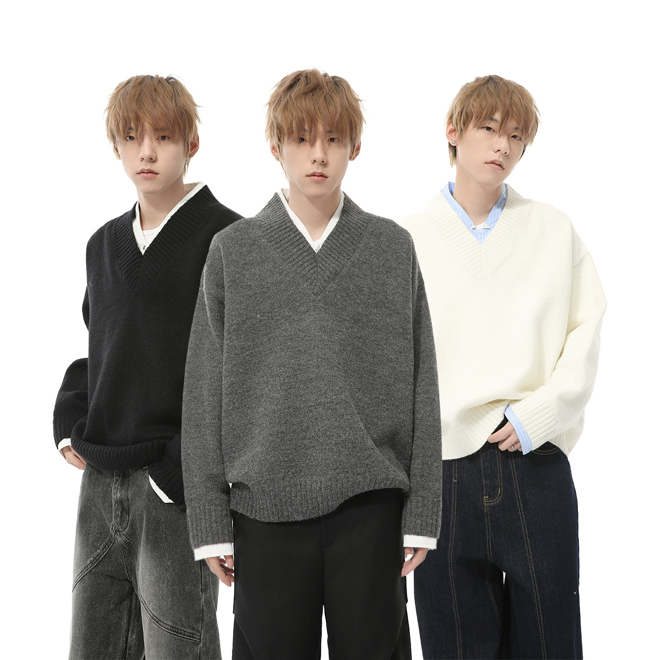 MTLCLOTHES Men's Wear | Autumn New Korean V-neck Contrast Color Fake Two Lazy Pullover Casual Knitted Shirt