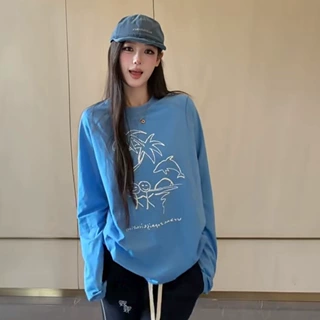26秋季新款小众设计火柴人海滩印花水洗蓝色圆领宽松长袖T恤女款