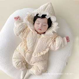 婴儿连体衣棉服冬季婴幼儿加绒加厚棉袄爬服女宝冬装衣服外出抱衣