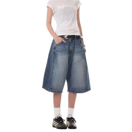 Jinjing Same Style Denim Mid-length Pants American Style Retro Wide-leg Daily Casual Pants Men's and Women's Summer Loose Straight Shorts