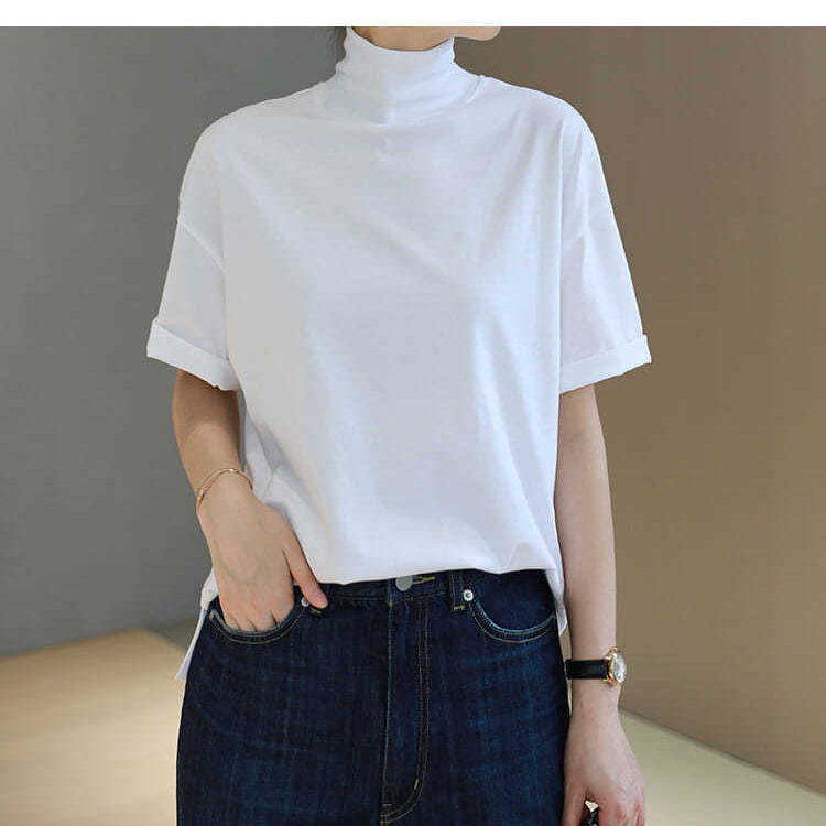 2026 여름 반팔 패셔너블한 하프넥 캐주얼 루즈핏 티셔츠 여성용 한국 스타일 단색 학생 상의