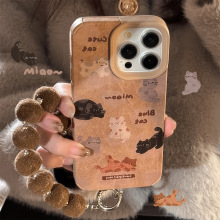 皮革卡通适用16promax苹果手机壳iphone15满屏猫咪14毛绒绳17秋冬