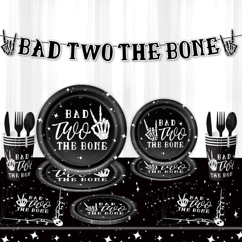 Black and white skull and bone motif 2nd birthday party decorations Bad Two TheBone paper plates and cups supplies