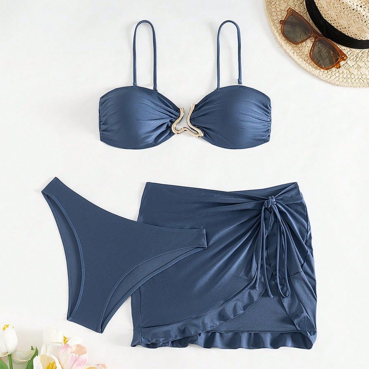 2026 New Model Blue Small Bust Push-Up Bikini, Strapless Ruched High-Cut Two-Piece Triangle Swimsuit Set for Women