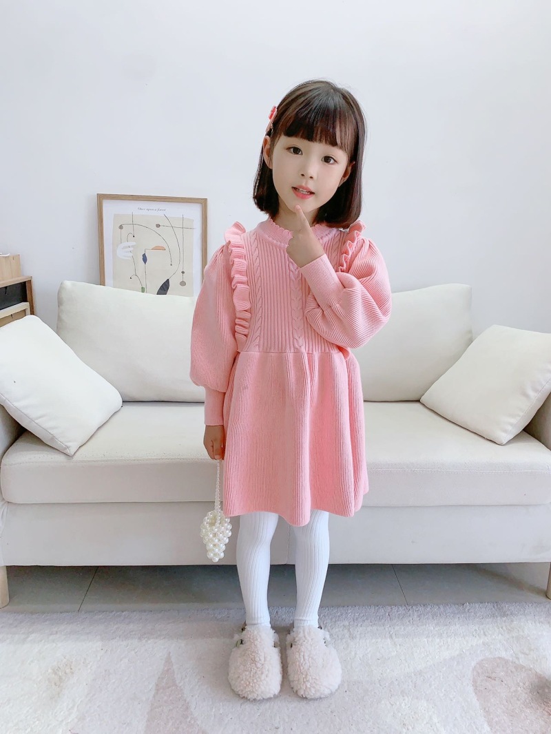 Girls Knitted Dress Autumn Winter Solid Colour Long Sleeve Style_voghion.com