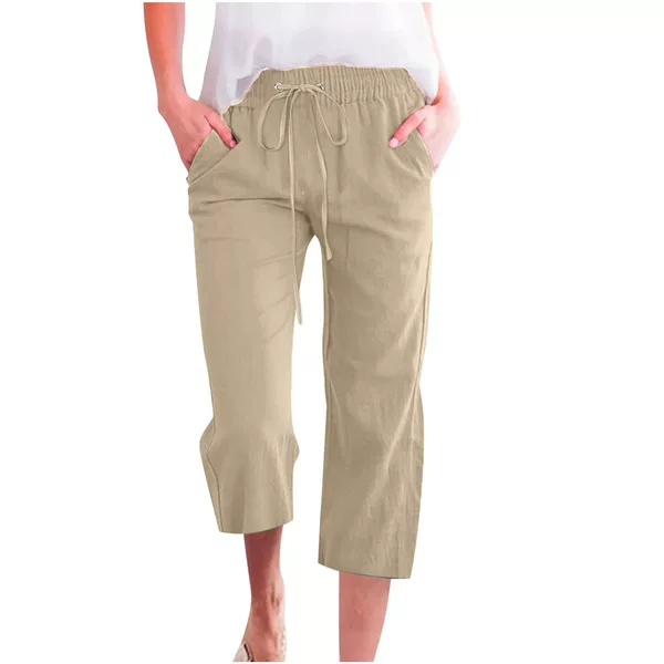 2025 Amazon Cross-Border Wish Women's Solid Color Drawstring Cotton and Linen Casual Loose Straight Pocket Home Cropped Pants